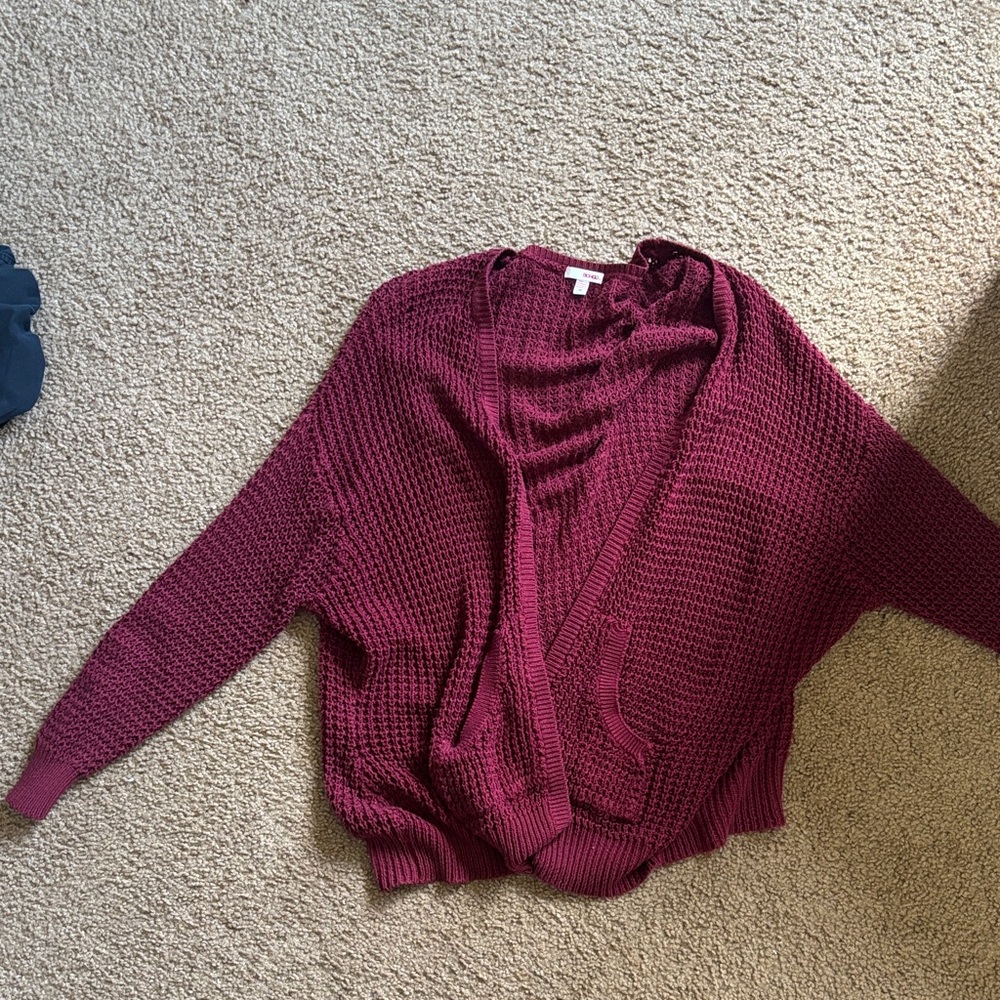 Open-Front Chunky Knit Cardigan Sweater - Burgundy